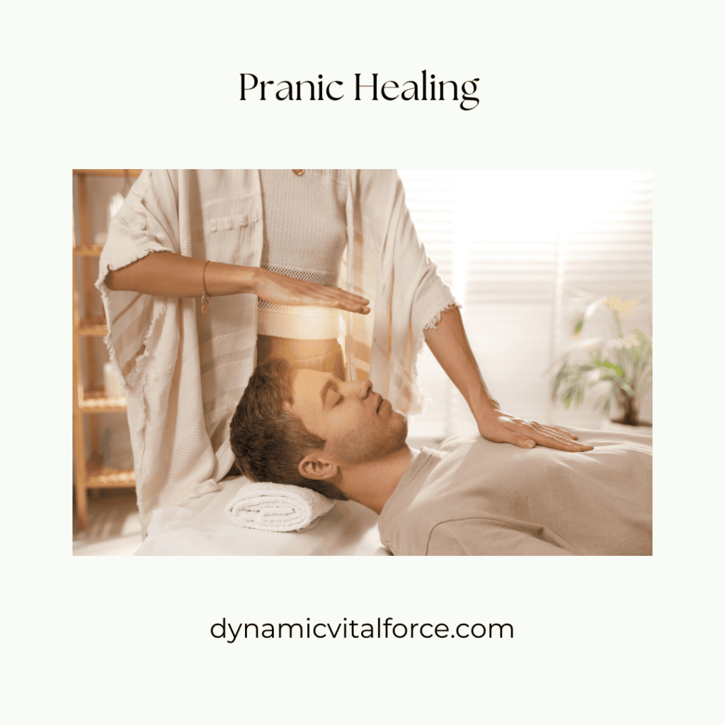 Woman doing pranic healing session on a person lying down