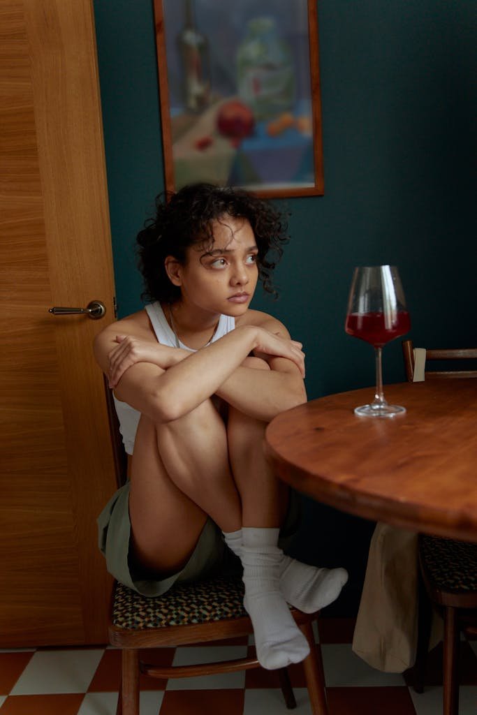 Pensive young woman sitting with a glass of wine on a table, evoking a mood of reflection.