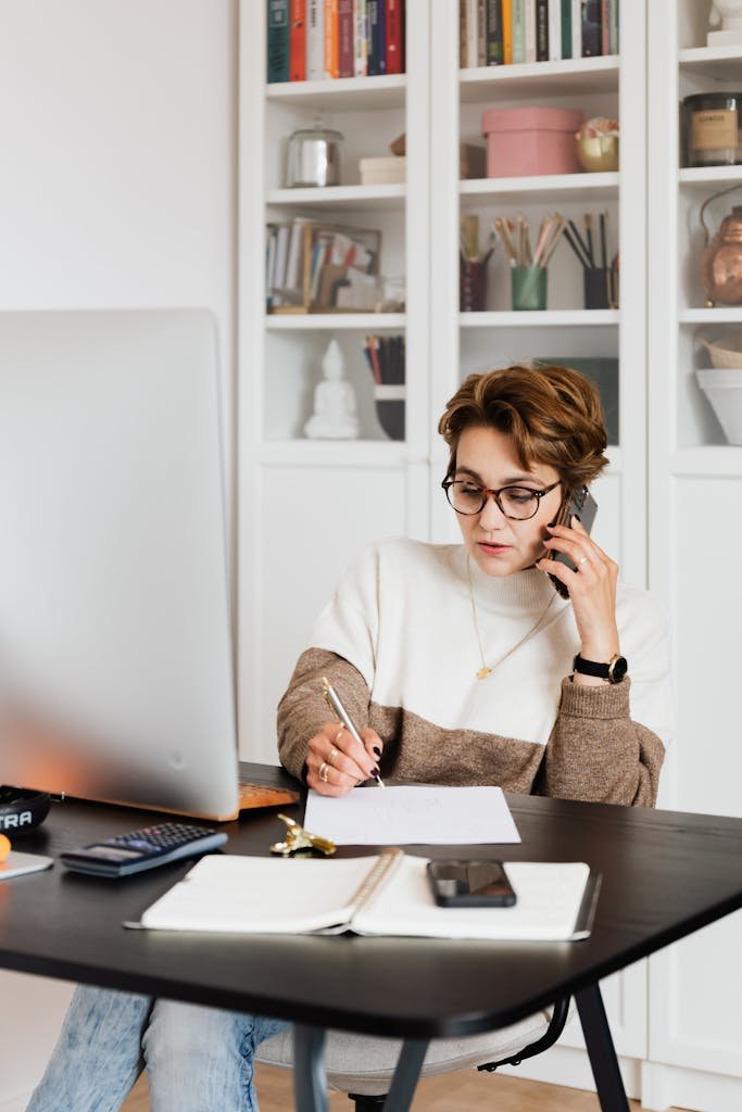 Business lady in sweater and jeans having phone conversation and taking notes on paper while sitting at desk with modern computer in office